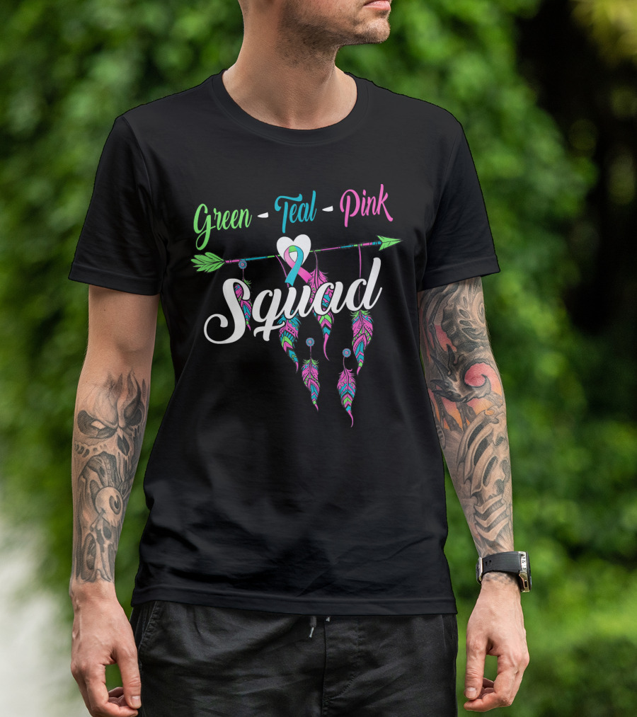 Green Teal Pink Ribbon Arrow Heart Feather Squad T-Shirt