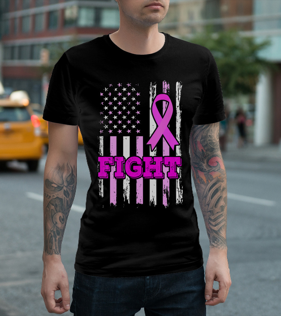 Fight Pink Ribbon American Flag Breast Cancer Awareness T-Shirt