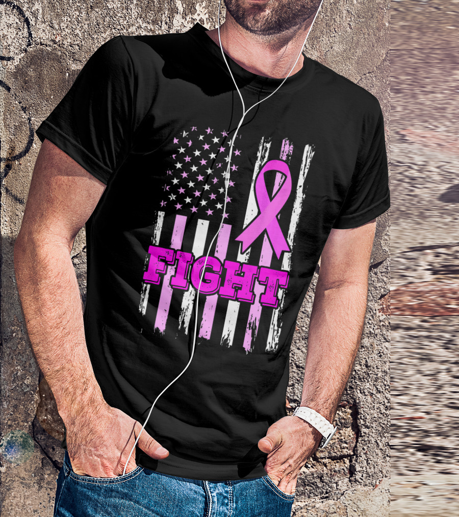 Fight Pink Ribbon American Flag Breast Cancer Awareness T-Shirt