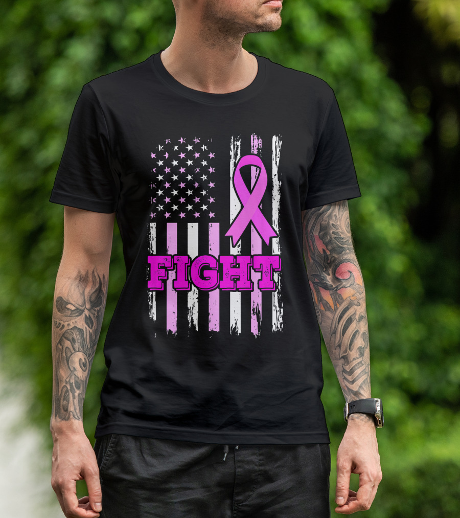 Fight Pink Ribbon American Flag Breast Cancer Awareness T-Shirt