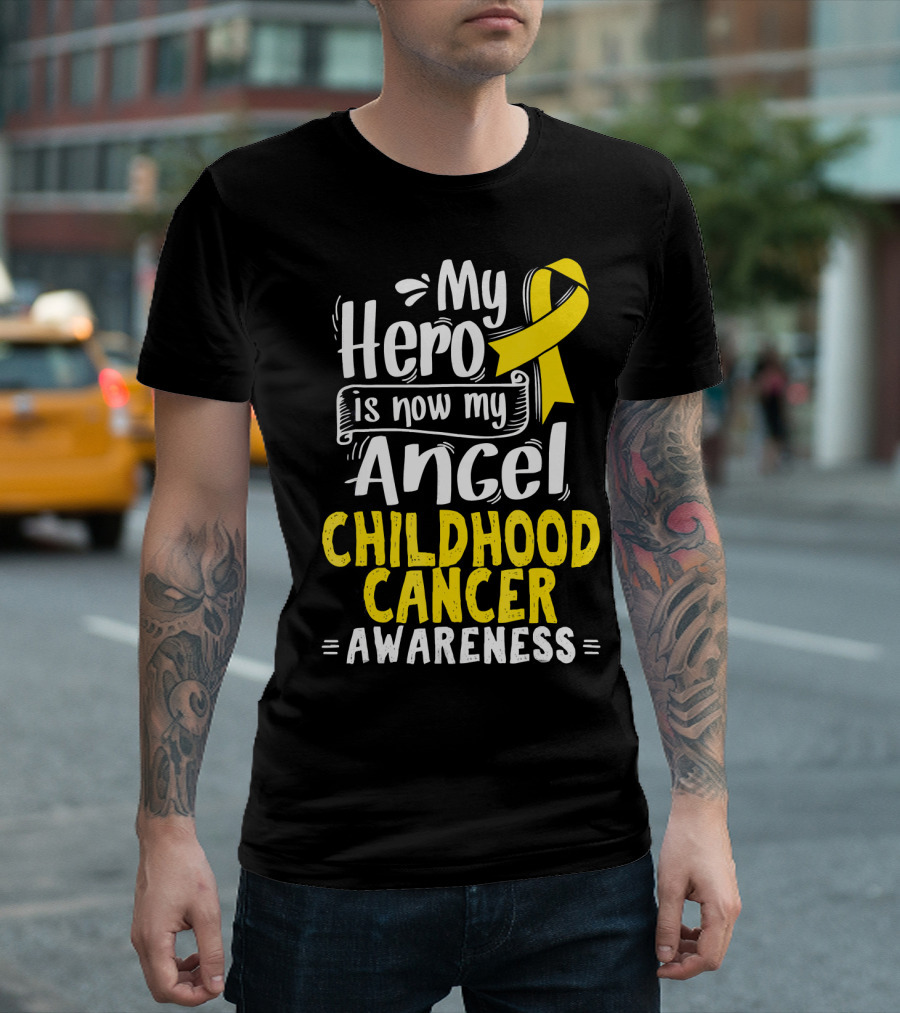 Gold Awareness Ribbon My Hero is Now My Angel Childhood Cancer Awareness T-Shirt
