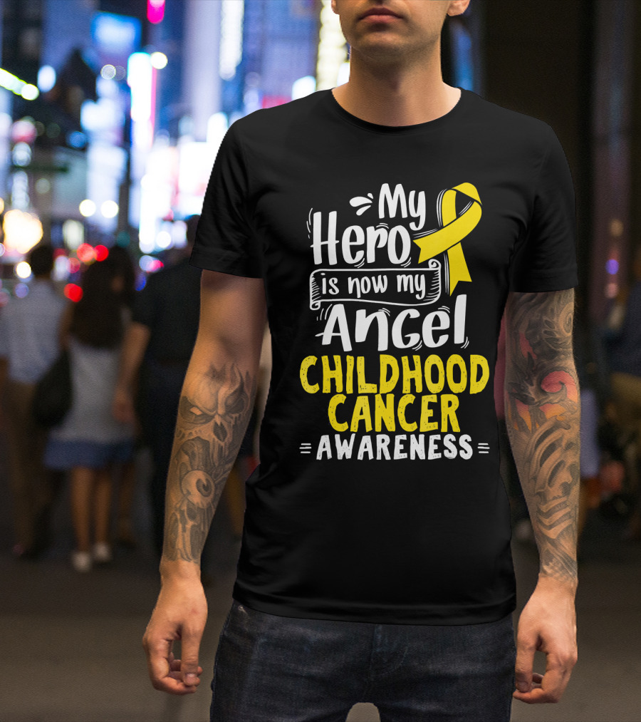 Gold Awareness Ribbon My Hero Is Now My Angel Childhood Cancer Awareness T-Shirt