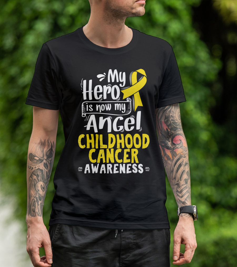 Gold Awareness Ribbon My Hero Is Now My Angel Childhood Cancer Awareness T-Shirt