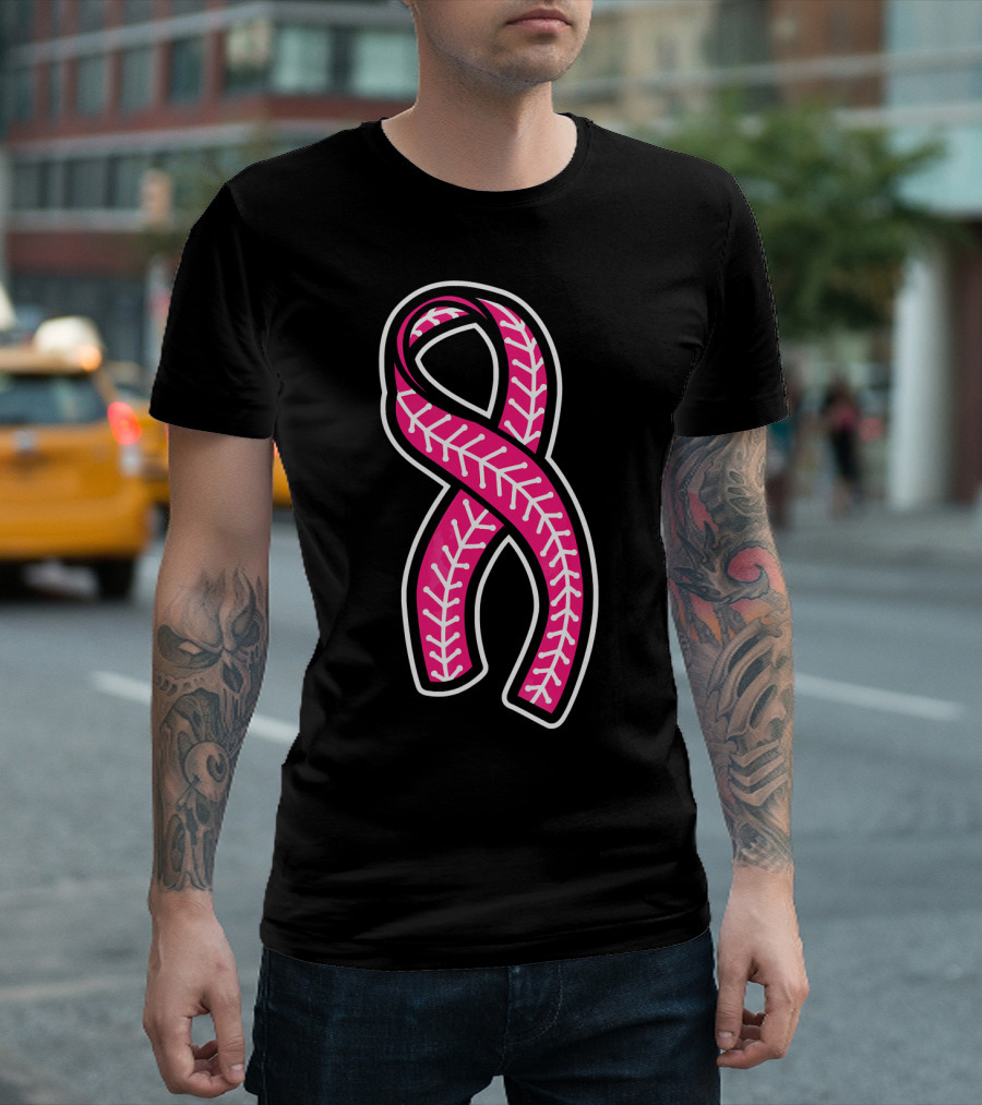 Pink Ribbon Baseball Stitching Breast Cancer Awareness T-Shirt