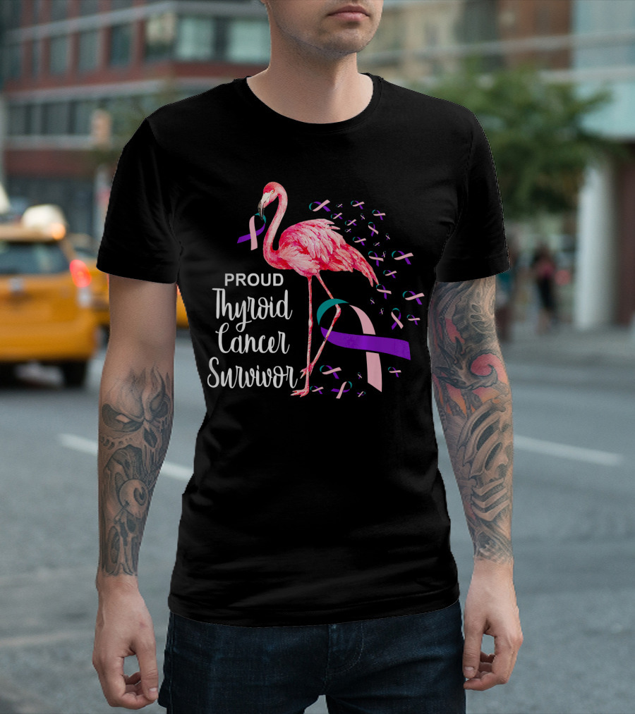 Proud Thyroid Cancer Survivor Flamingo Pink And Purple Ribbons T-Shirt