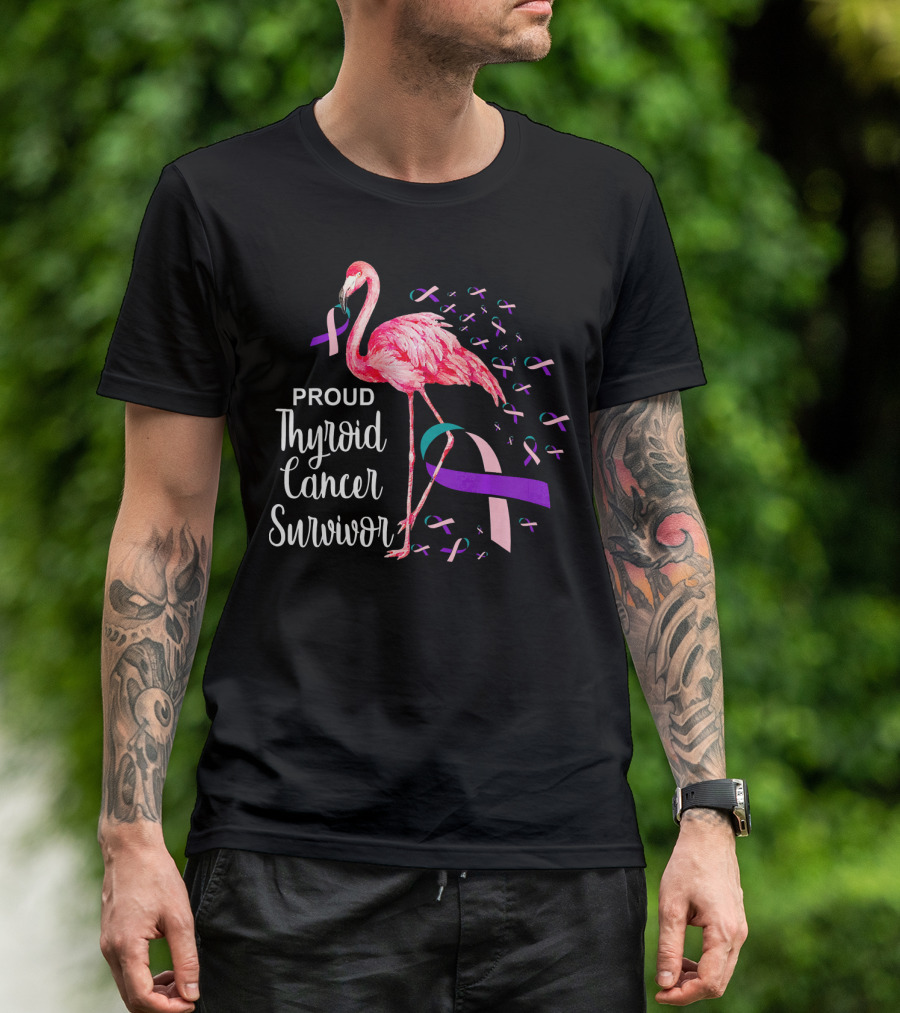 Proud Thyroid Cancer Survivor Flamingo Pink And Purple Ribbons T-Shirt