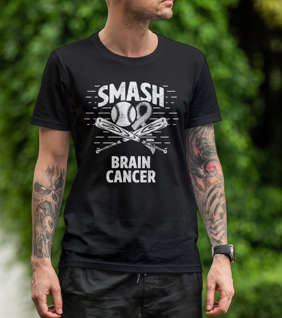 Smash Brain Cancer Baseball Ribbon Therapy Grey T-Shirt