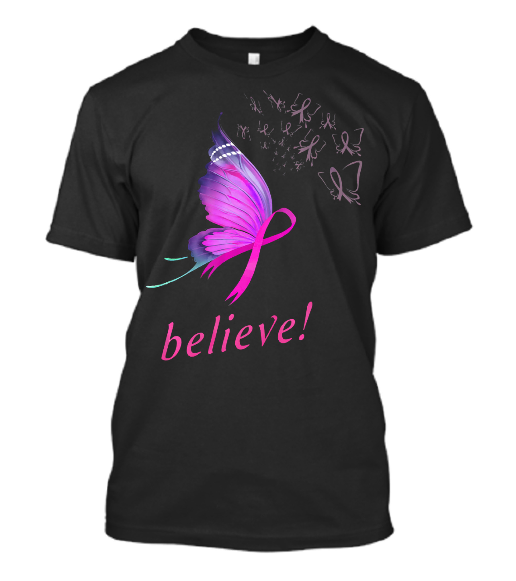 Believe Pink Ribbon Butterfly Breast Cancer Awareness T-Shirt