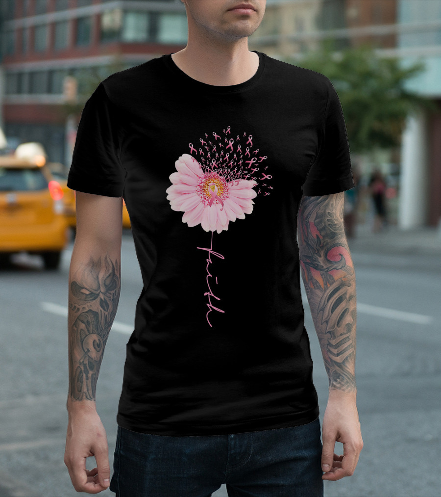 Faith Daisy Flower Pink Ribbon Breast Cancer T-Shirt
