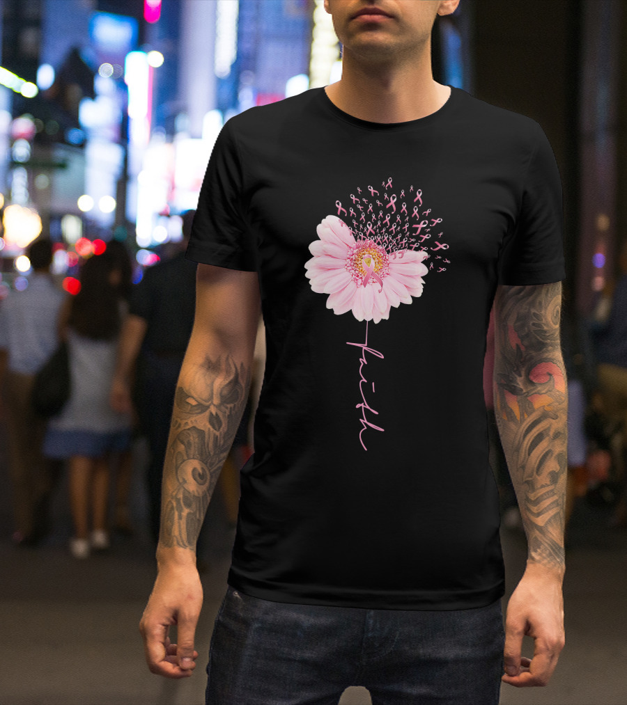 Faith Daisy Flower Pink Ribbon Breast Cancer T-Shirt