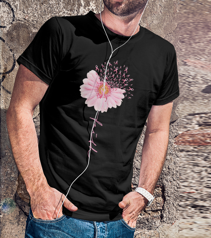 Faith Daisy Flower Pink Ribbon Breast Cancer T-Shirt