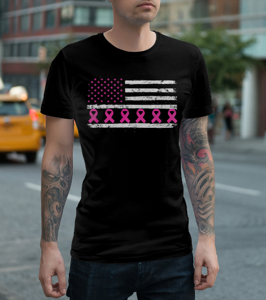 American Flag Distressed Breast Cancer Awareness Pink Ribbons T-Shirt