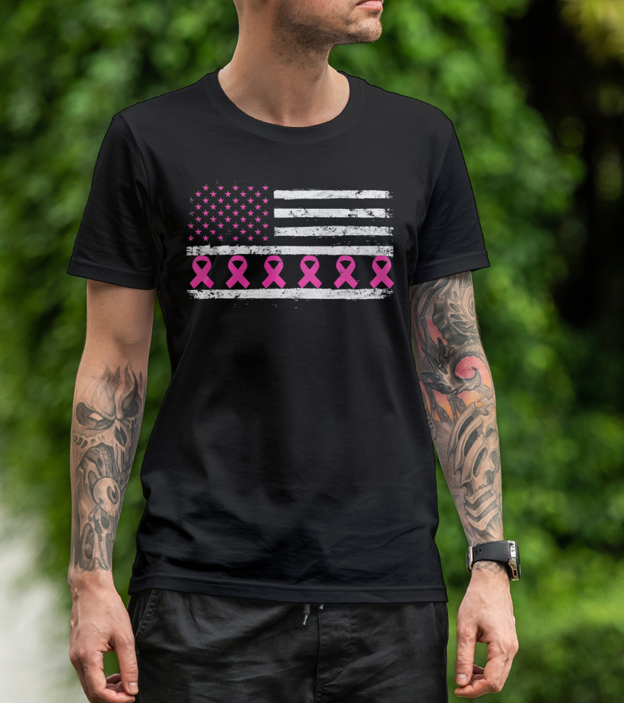 American Flag Distressed Breast Cancer Awareness Pink Ribbons T-Shirt