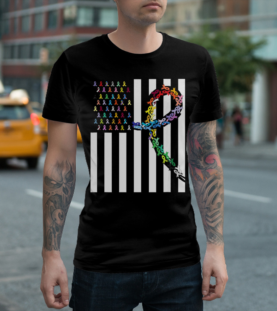 All Cancer Matters Awareness USA Flag Ribbon Stripes T-Shirt