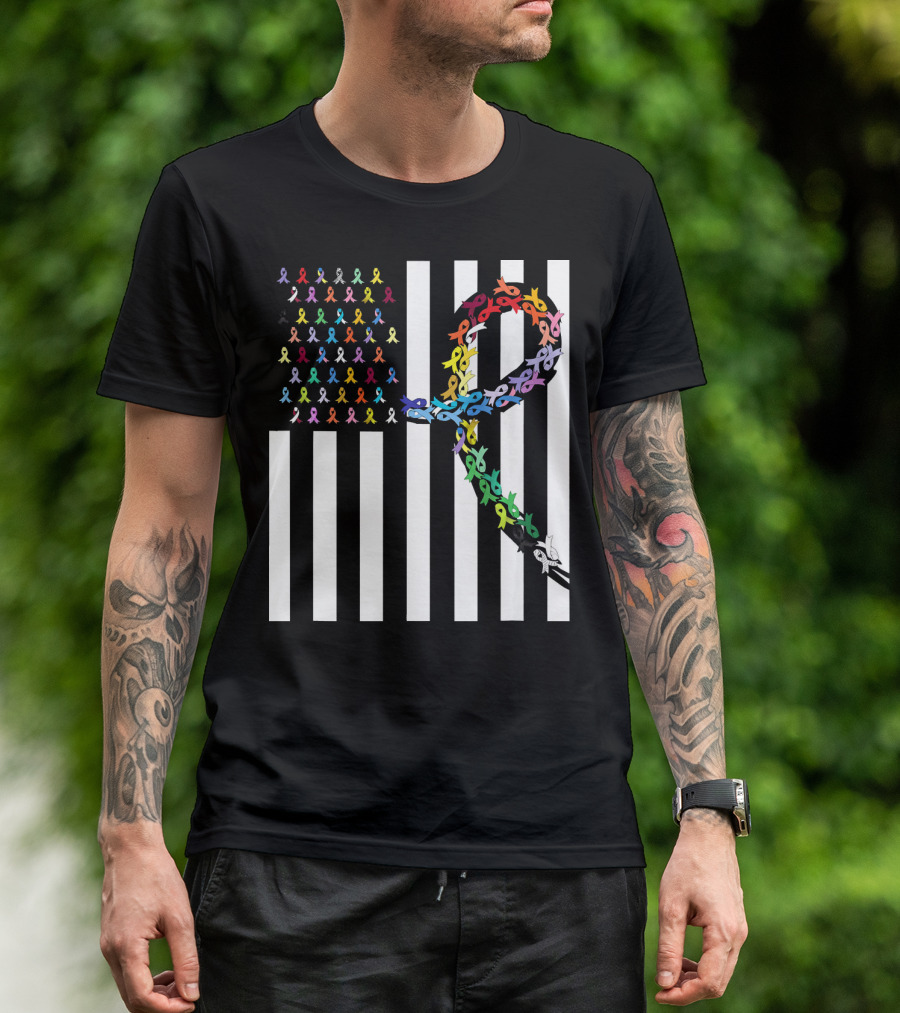 All Cancer Matters Awareness USA Flag Ribbon Stripes T-Shirt