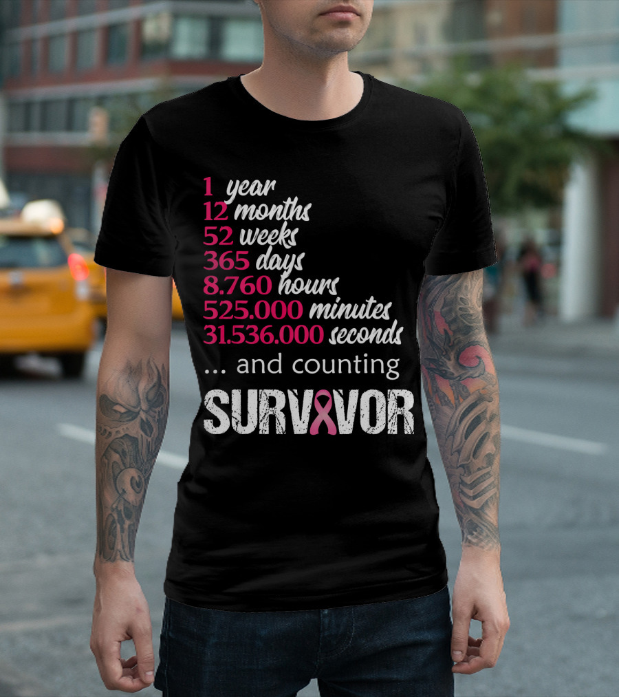 1 Year Survivor Breast Cancer and Counting Pink T-Shirt