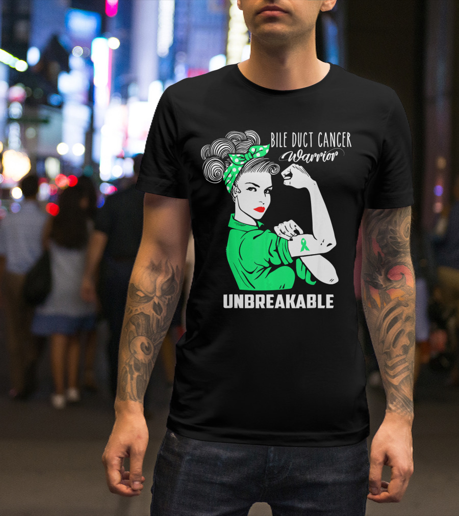 Bile Duct Cancer Warrior Unbreakable Rosie The Riveter Style With Awareness T-Shirt