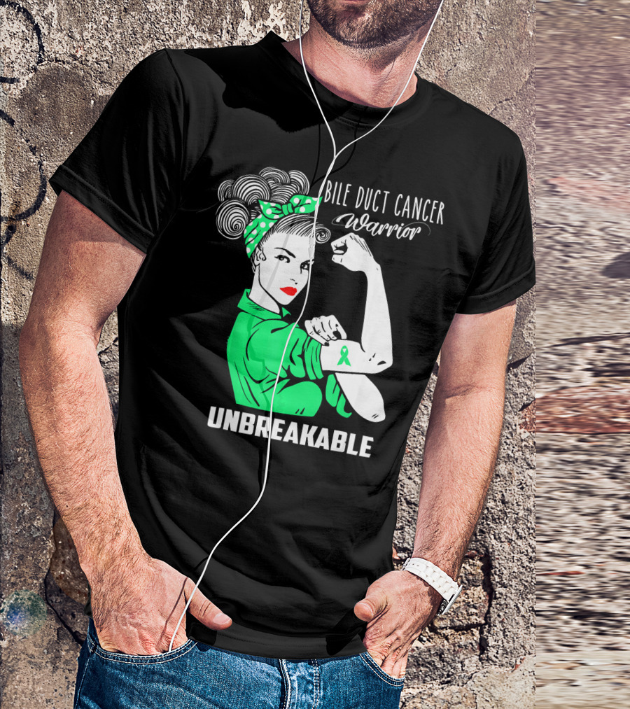 Bile Duct Cancer Warrior Unbreakable Rosie The Riveter Style With Awareness T-Shirt