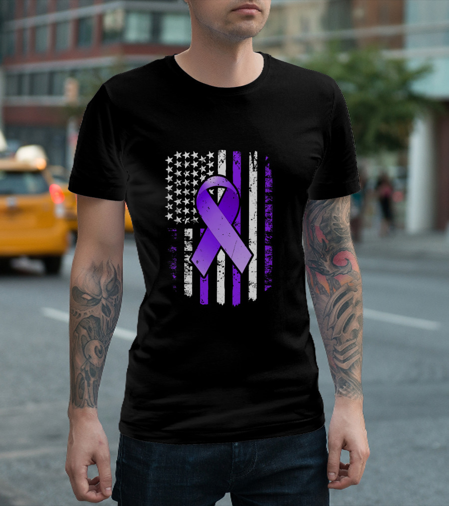 American Flag Purple Ribbon Pancreatic Cancer Awareness T-Shirt
