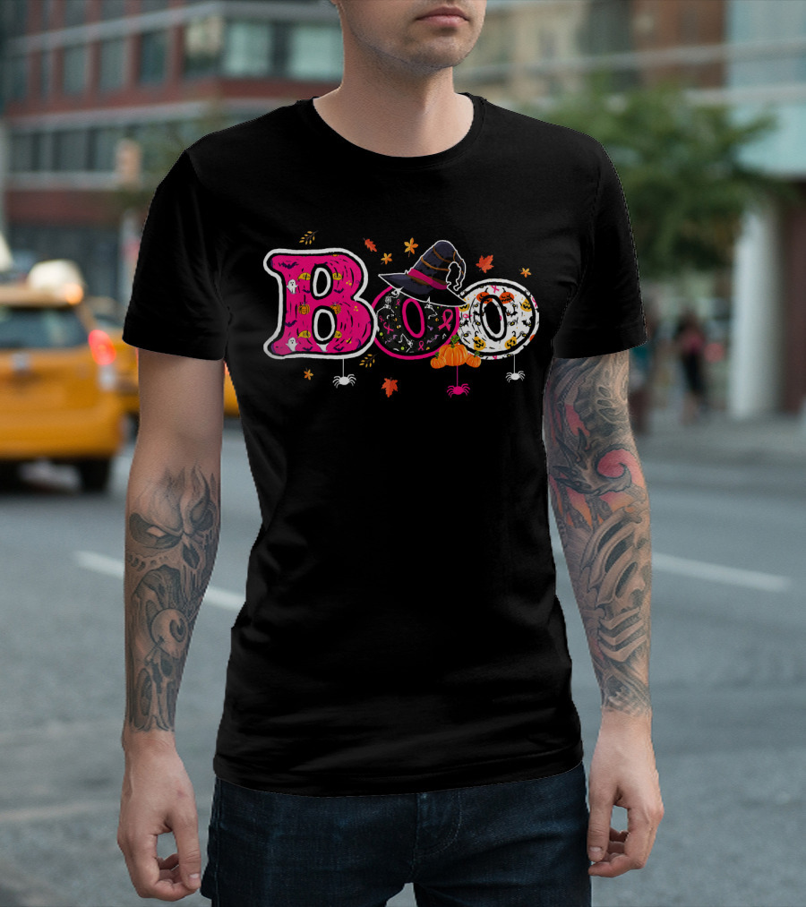 Boo Halloween Breast Cancer Awareness Witch Hat Ribbon Pumpkins Spiders Leaves T-Shirt