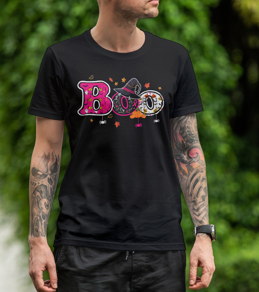Boo Halloween Breast Cancer Awareness Witch Hat Ribbon Pumpkins Spiders Leaves T-Shirt