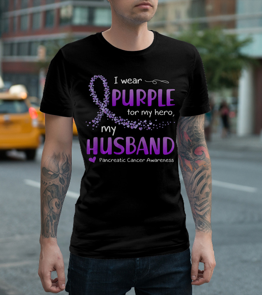 I Wear Purple for My Hero Husband Pancreatic Cancer Awareness T-Shirt
