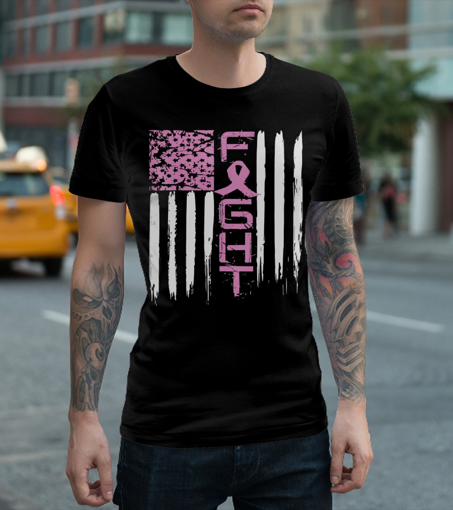 Fight Cancer Awareness Breast Pink Ribbon American Flag T-Shirt