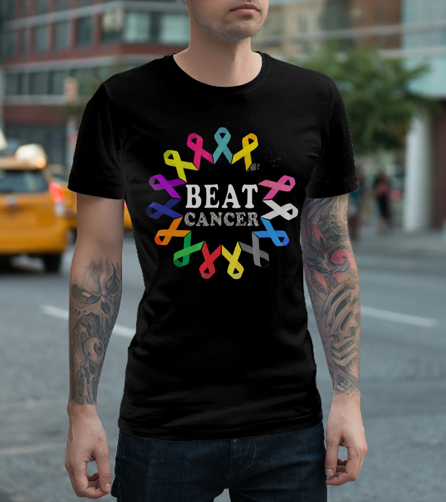 BEAT CANCER Multicolored Awareness Ribbons T-Shirt