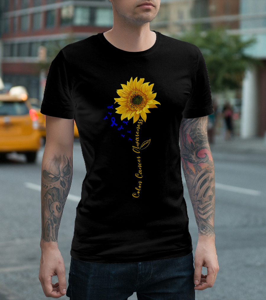 Hippie Sunflower Colon Cancer Awareness Sunflower With Blue Ribbons T-Shirt