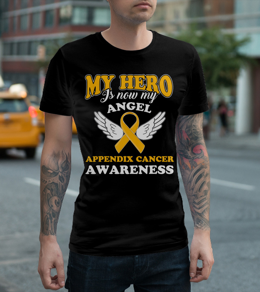 My Hero Is Now My Angel Appendix Cancer Awareness Yellow Ribbon Wings T-Shirt