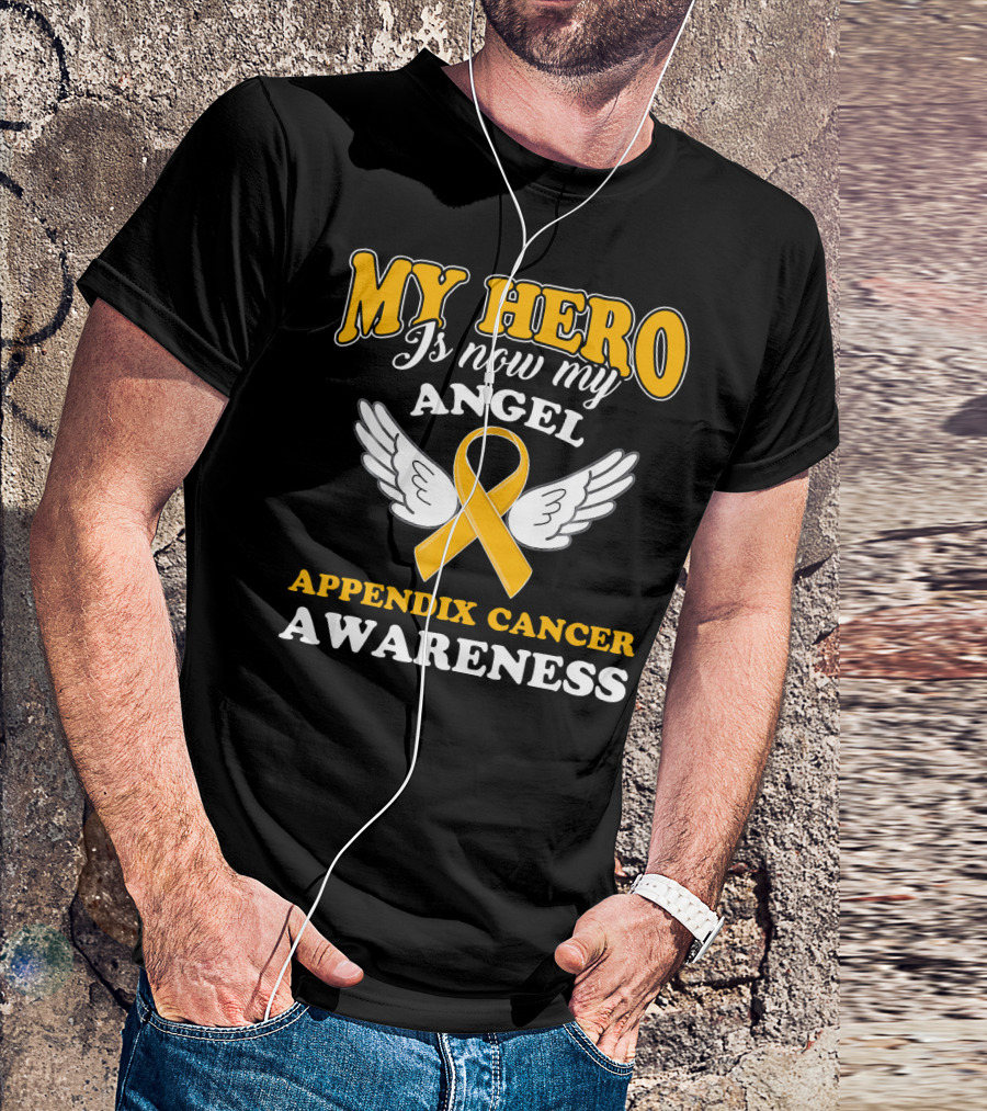 My Hero Is Now My Angel Appendix Cancer Awareness Yellow Ribbon Wings T-Shirt