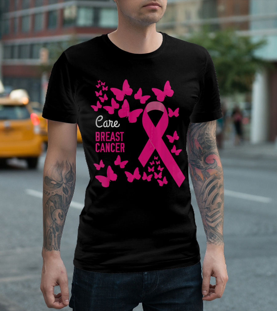 Care Breast Cancer Pink Ribbon Awareness With Butterfly Support T-Shirt