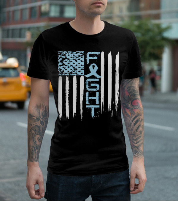 Prostate Cancer Awareness Fight Blue Ribbon American Flag T-Shirt