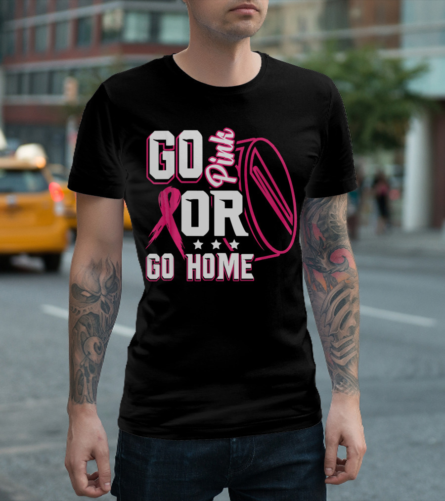 Go Pink Or Go Home Breast Cancer Hockey Awareness with Ribbon and Puck T-Shirt