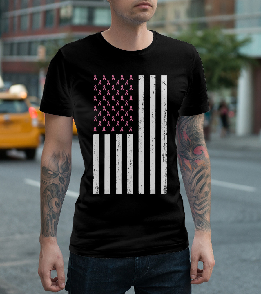 American Flag Pink Ribbons Breast Cancer Awareness T-Shirt