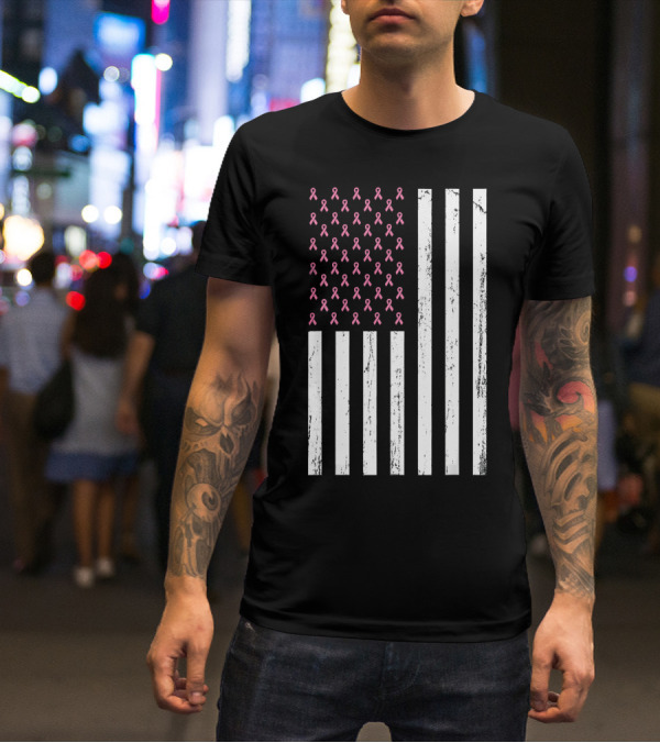 American Flag Pink Ribbons Breast Cancer Awareness T-Shirt