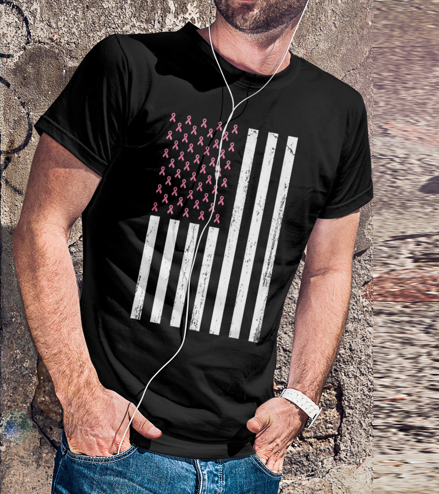 American Flag Pink Ribbons Breast Cancer Awareness T-Shirt