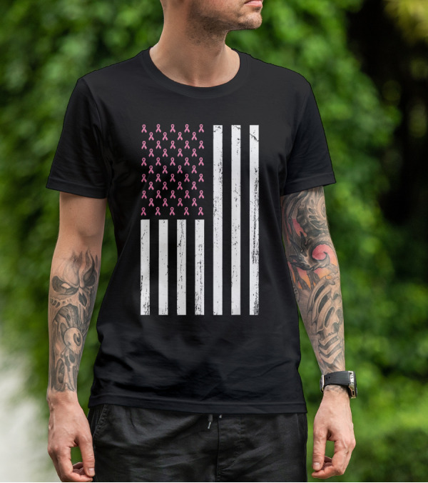 American Flag Pink Ribbons Breast Cancer Awareness T-Shirt