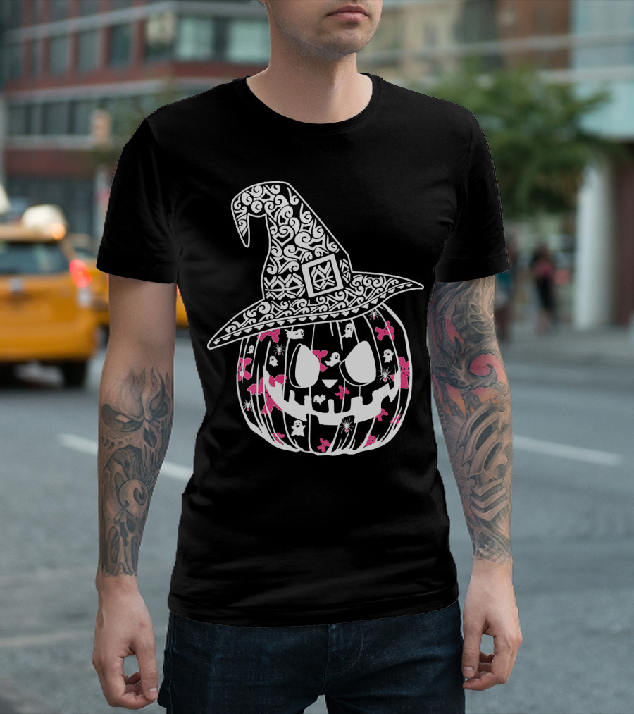 Halloween Carved Pumpkin With Pink Ribbon And Witch Hat For Breast Cancer Awareness T-Shirt