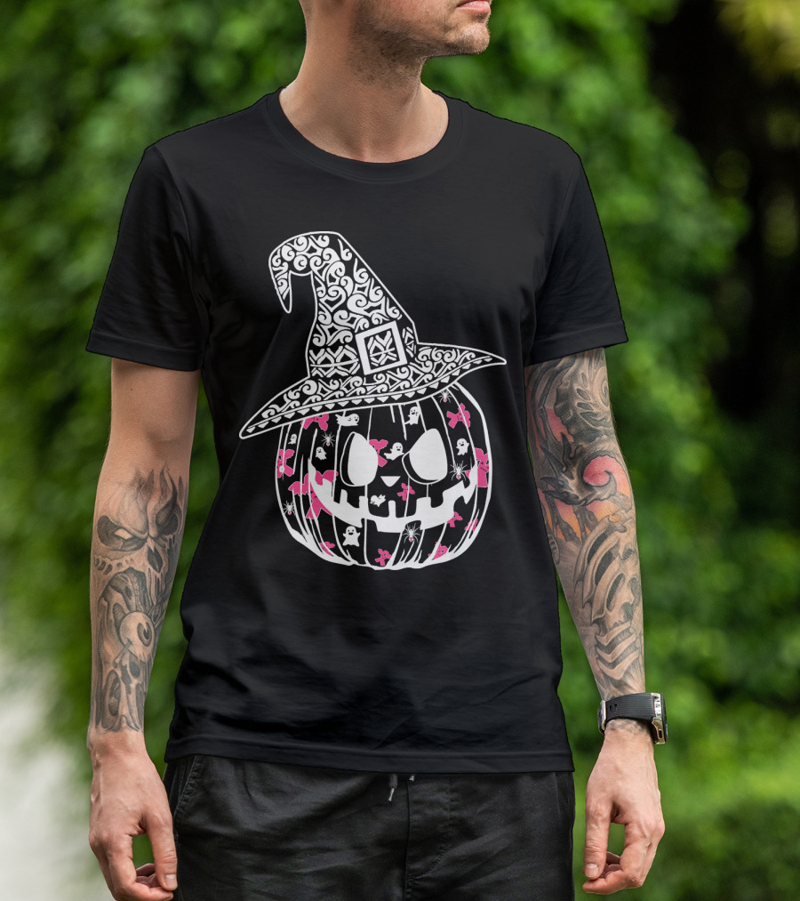 Halloween Carved Pumpkin With Pink Ribbon And Witch Hat For Breast Cancer Awareness T-Shirt