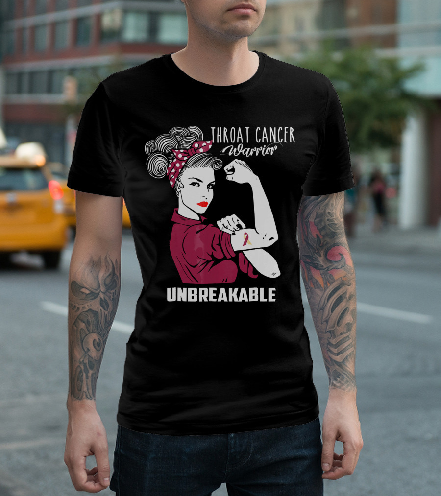 Throat Cancer Warrior Unbreakable Rosie The Riveter Ribbon Empowerment T-Shirt