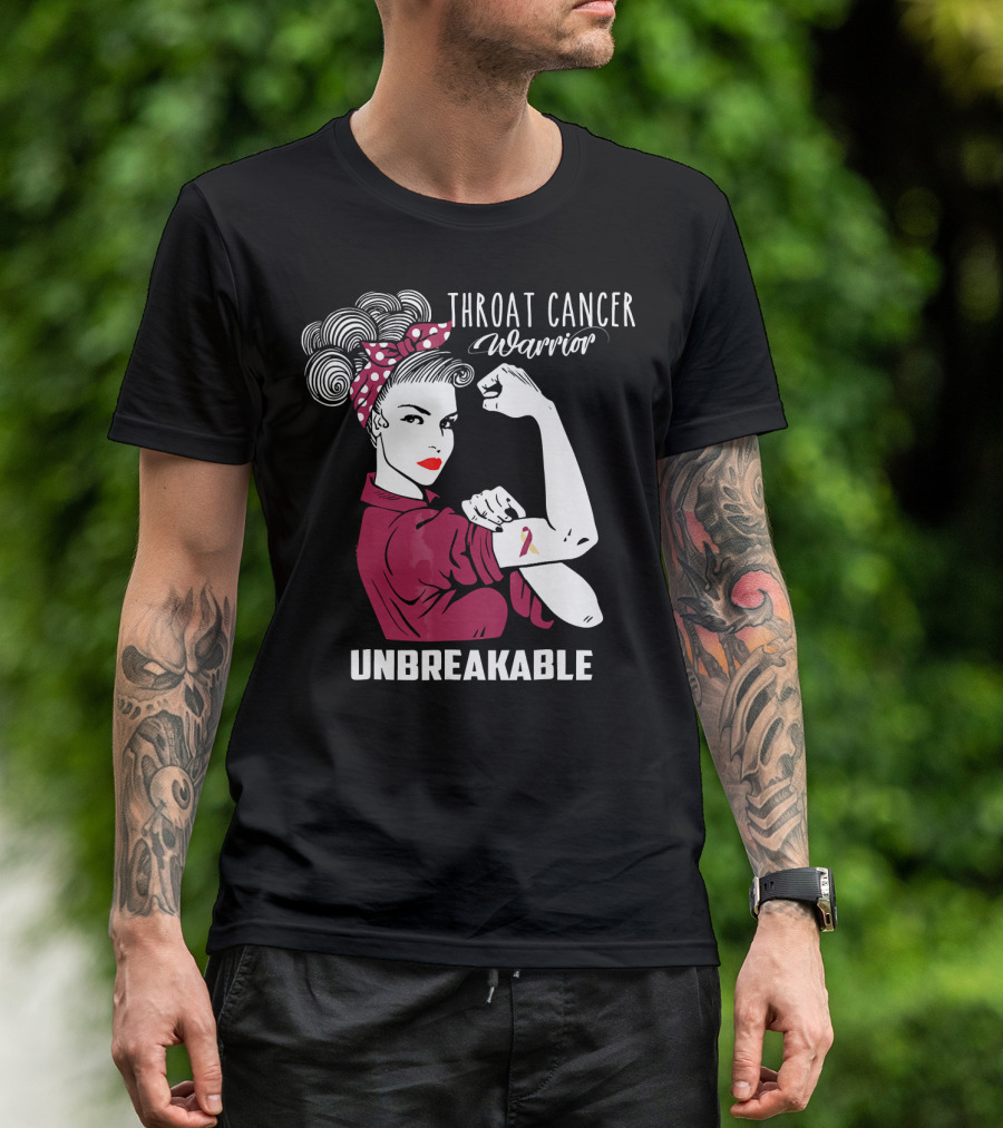 Throat Cancer Warrior Unbreakable Rosie The Riveter Ribbon Empowerment T-Shirt