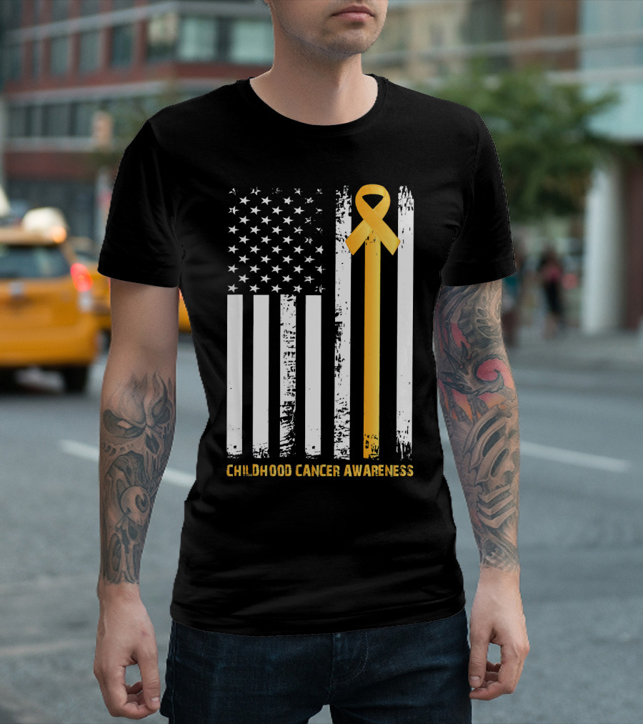 Childhood Cancer Awareness Gold Ribbon American Flag T-Shirt