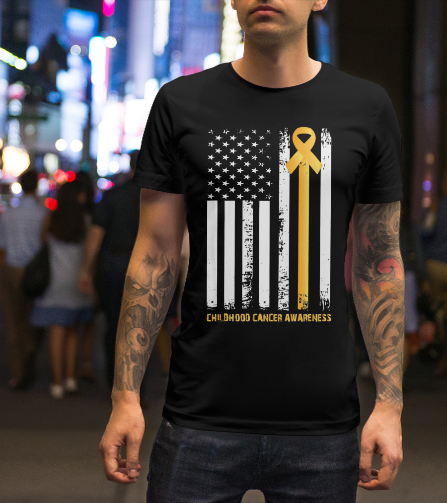 Childhood Cancer Awareness Gold Ribbon American Flag T-Shirt