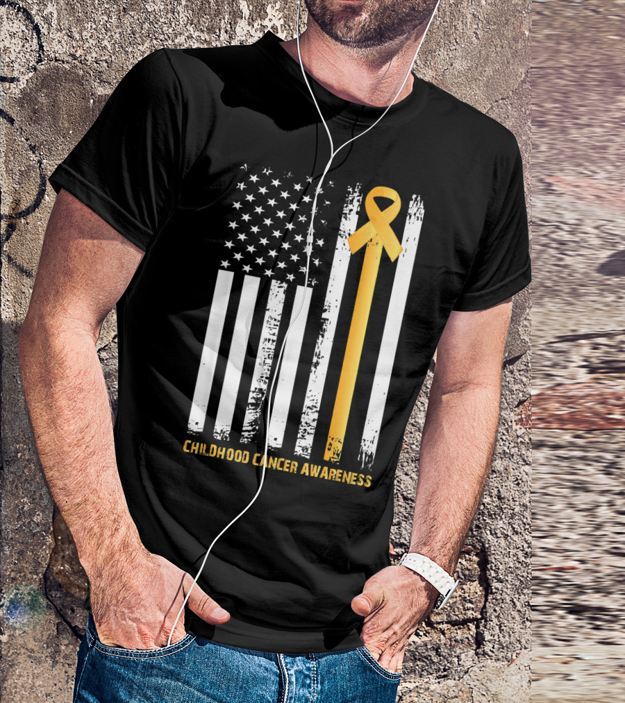 Childhood Cancer Awareness Gold Ribbon American Flag T-Shirt