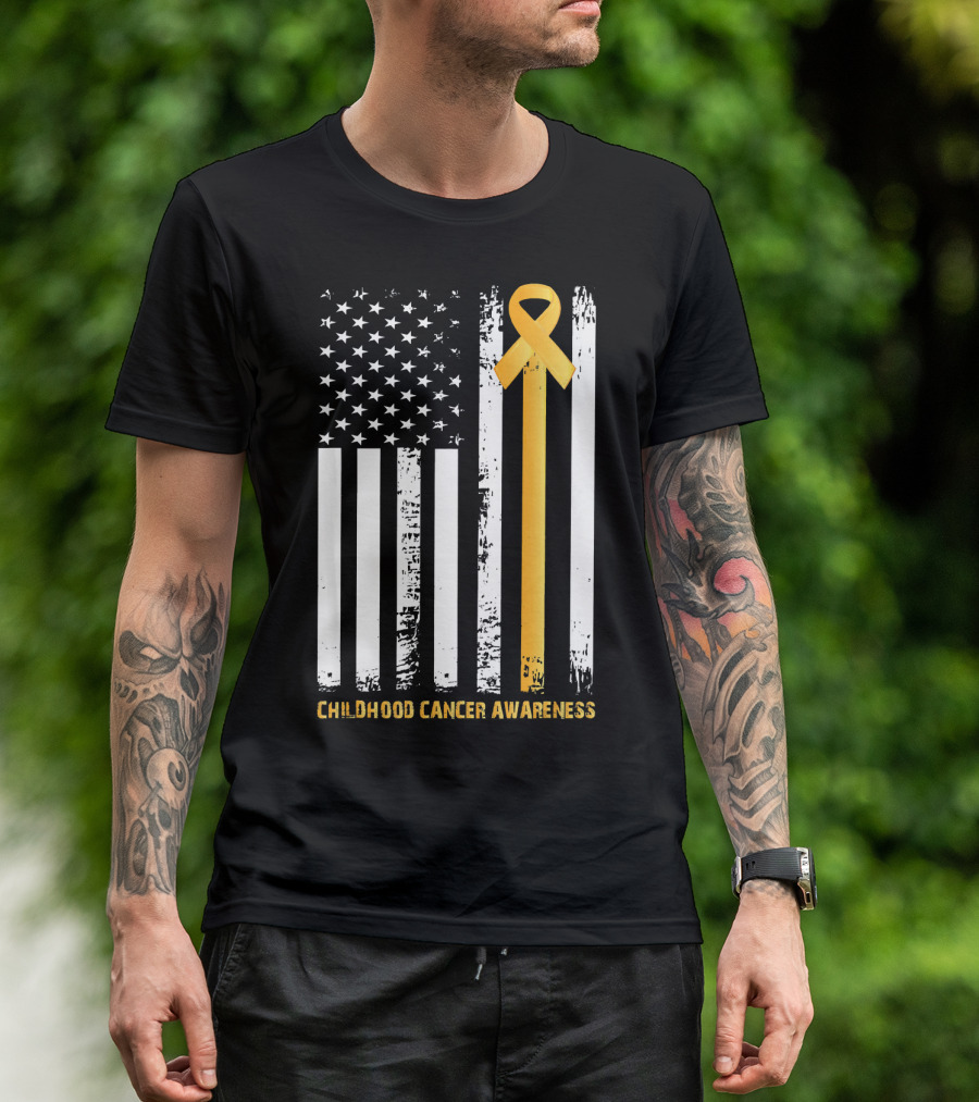Childhood Cancer Awareness Gold Ribbon American Flag T-Shirt