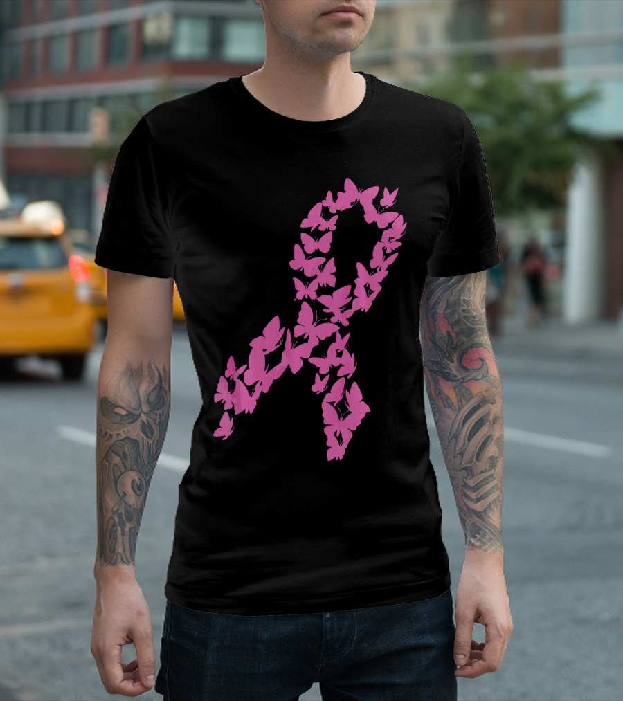 Pink Ribbon Butterfly Awareness Breast Cancer Cute T-Shirt