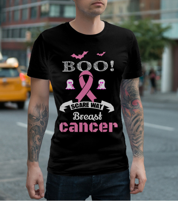 BOO Scare Away Breast Cancer Pink Ribbon Bats Ghosts T-Shirt