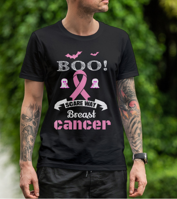 BOO Scare Away Breast Cancer Pink Ribbon Bats Ghosts T-Shirt