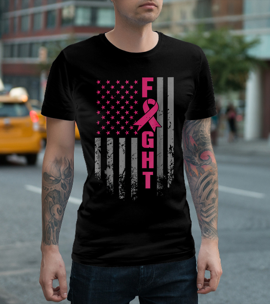 Breast Cancer Awareness American Flag Fight T-Shirt
